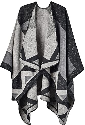 Winter Warme Poncho - Herbst Open Front Cape Winddichte Strick Wolle Mantel Decke Kap-Schal Übergroße Winterdecke Reversible Dicke Cardigan Coat für Frau Mädch Festliche Geschenke
