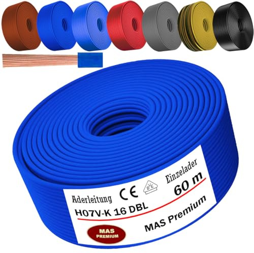 Cavo Conduttore Filo Elettrico H07 V-K da 5 a 100 m, 16 mm², Cavi Nero, Marrone, Blu Scuro, Giallo Verde, Grigio, Azzurro o Rosso Singolo Flessibile (Blu Scuro, 60 m)