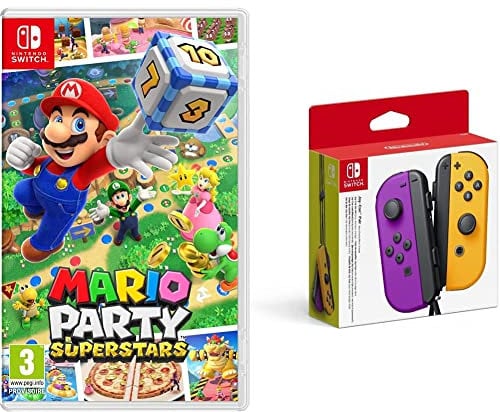 Mario Party Superstars (Nintendo Switch) + Paire de Manettes Joy-Con Gauche Violet Néon/Droite Orange Néon