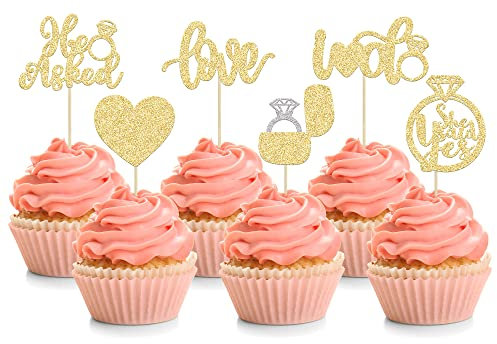 24 Stück He Asked She Said Yes Cupcake-Dekorationen, Herz-Ring, Junggesellinnenabschied, Cupcake-Picker, Hochzeit, Verlobung, Brautparty, Kuchendekoration, Zubehör