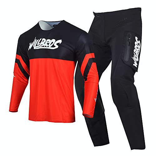 Willbros Motocross Jersey Hose Combo Herren Dreckiges Fahrrad MX Ausrüstungsset Offroad mit Reißverschlusstaschen Erwachsene Rennbekleidung Frauen Schwarz Rot (Jersey S Pants 30)