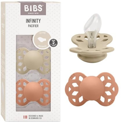 BIBS Infinity Anatomischer Schnuller Zweierpackung, bisphenol-A frei, anatomischer Silikonsauger, Kiefergerechte Form. Silikon, 6-18 Monate (2er Pack), Vanilla/Peach