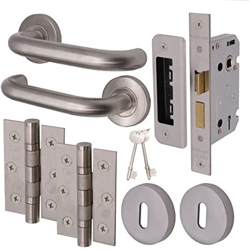 EAI Return to Door Lever on Rose Handle Sash Lock Kit - Satin Stainless Steel - 76mm Hinge