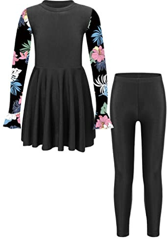 Doomiva 2PCS Mädchen Burkini Muslimische Badeanzug Islamische Bademode Langarm Schwimmanzug Blumendruck Badakleid Lang Badehosen Schwarz 158-164