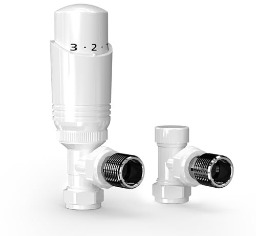 VANCOCO 1/2×15mm Angled Thermostatic Radiator Valve with Lockshield Valve, Energy Saving Modern TRV H62 Brass Pair Radiator Thermostat Valves for Radiator Central Heating(White)