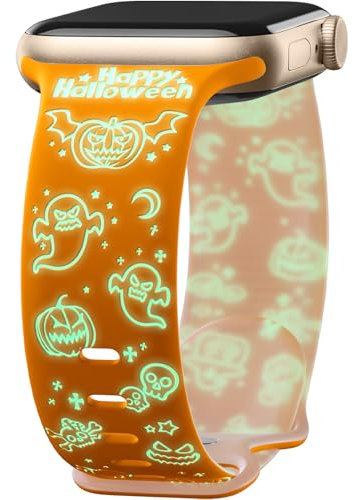 Mastten Halloween Pumpkins Bracelet Compatible with Apple Watch 38 mm - 49 mm, Soft Silicone Strap for iWatch Series 1-10, SE, Engraving