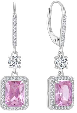 FJ Orecchini Pendenti Taglio Principessa Argento 925 Orecchini Tormalina Rosa Pietre Portafortuna Ottobre Gioielli Regalo per Donna