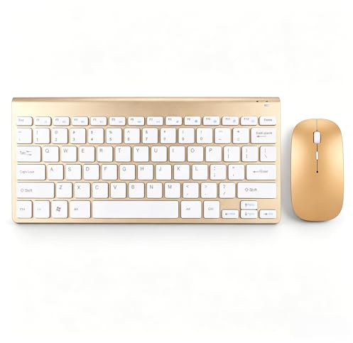 Intelligentes Kabelloses Tastatur Maus Set für Büro, Klassenzimmer und Reisen, Kompakt und Wasserdicht, Geräuschlose LED Anzeige, Stromsparend (Gold)