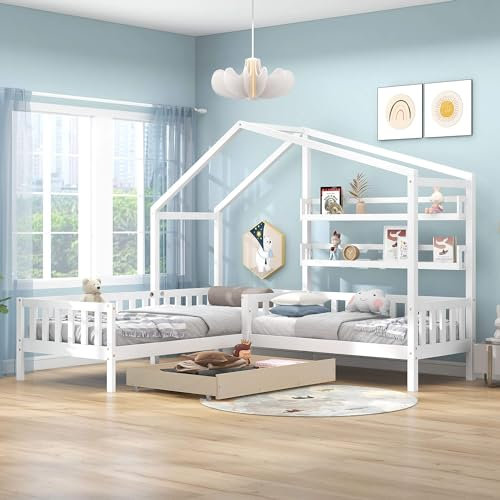 MQGPM Kinderbett Hausbett 90x200+140x70cm mit Schubladen und Regalen, Baumhausbett mit Lattenrost & L-Struktur Dachdekoration für Mädchen und Jungen Vielseitiges Bett für Spielendes Lernen reines