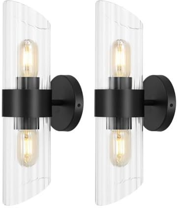 SAFAVIEH Lighting Collection Eytan Clear Glass/Black Vertical Wall Sconce Set of 2 Light Fixture, Ideal for Bathroom, Entryway, Vanity, Foyer, Hallway, Living Room (LED Bulbs Included)