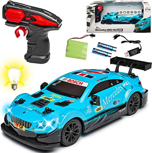 alles-meine.de GmbH Mercedes-B C-Klasse C63 AMG DTM Paffett Blau 2,4 GHz RC Funkauto mit Beleuchtung und Akkupack 1/24 Siva Modell Auto mit individiuellem Wunschkennzeichen