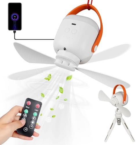 Portable Tent Ceiling Fan for Camping, 7500mAh Rechargeable Battery Operated Fan with Foldable Tripod & Hanging Hook, Camp Tent Hanging Fan, USB Table Fan with Light for Outages Hurricane Emergency…
