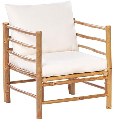 Beliani Fauteuil de Jardin Moderne Rustique en Bambou avec Dossier et Coussins Extérieur Blanc Cassé Cerreto