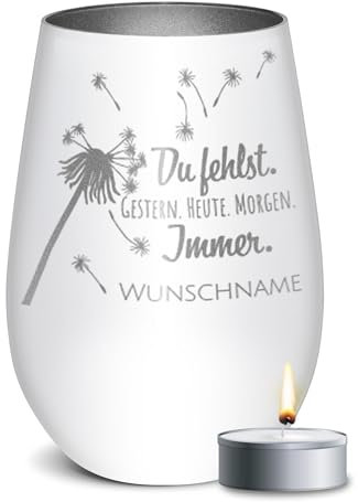 PR Print Royal Trauer Windlicht mit Gravur - Du fehlst - mit Name gravieren - Trauergeschenk, Gedenklicht, Geschenke für Trauernde | inkl. Teelicht, 450 ml, Weiß/Silber