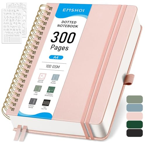 EMSHOI A4 Dotted Notebook, Spiral Notepad 150 Sheets/300 Pages, 100gsm, HardCover, Stencils, Pocket, Pen Loop, Ruler, Bookmark, Bullet Dot Grid Journal for Women Men Writing, 21x28.5cm, Rose Gold