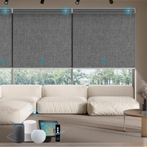 SmartWings Elektrisches Rollo mit Fernbedingung, Smart Rollo Innen 100% Verdunkelung, Kompatibel mit Alexa, Google Home, Homekit, Benutzerdefinierte Größe,Bouvardia Mittelgrau