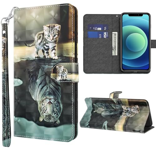 GLANDOTU Lederhülle für Huawei P30 Lite Hülle, Kartensteckplätzen Muster Flip Motive Wallet Handyhülle Tasche Case Schutzhülle Kompatibel mit Huawei P30 Lite Hülle - Katzen & Tiger