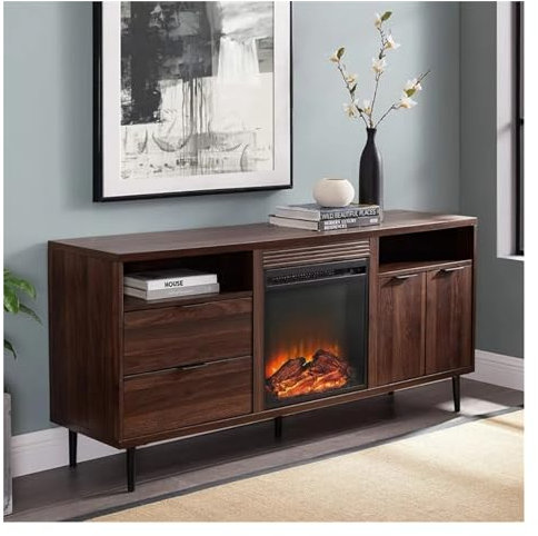 Wfxjyg2223 Chimenea Eléctrica con Soporte de TV Chimenea de Madera, Soporte for TV, Puertas y cajones for TV, Consola Universal de TV de Pantalla Plana Centro de Entretenimiento Moderno con Chimenea