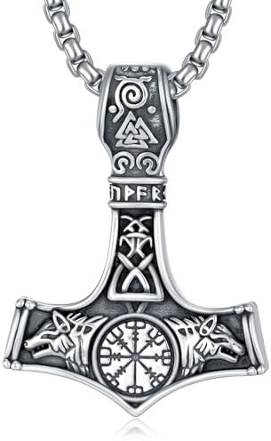 QHQPQ Thors Hammer Necklace for Men 925 Sterling Silver Viking Mjolnir Wolf Pendant Norse Pagan Jewellery Christmas Gifts for Women