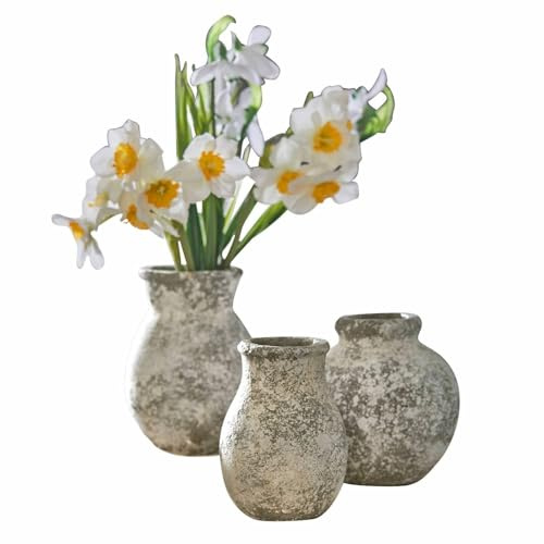 Loberon Vase 3er Set Cerquix, DREI Fromen, Rustikaler Charakter, Authentisches Antik-Finish, Blumenvase, Dekoration, Terrakotta, antikcreme