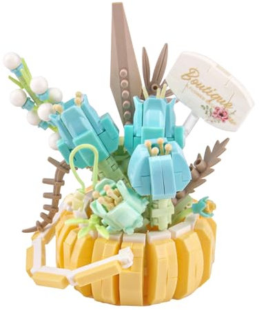 DBALL Mini Klemmblöcke Blumen Klemmbausteine Blumenkorb mit 4 blauen Bausteinen Blumen Frühling Sommer Dekoration Klemmblöcke Pflanzen als Geschenk