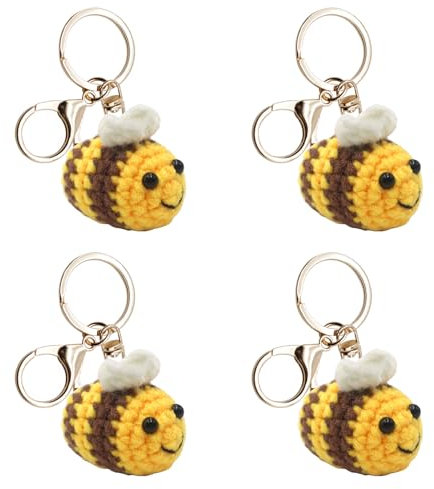Rebanky Gehäkelte Biene Schlüsselanhänger Handgehäkelt Bienen 4er Set Hummel Anhänger für Biene Auto Schlüsselanhänger, Schlüssel Tasche, Kinderwagen, Geschenk