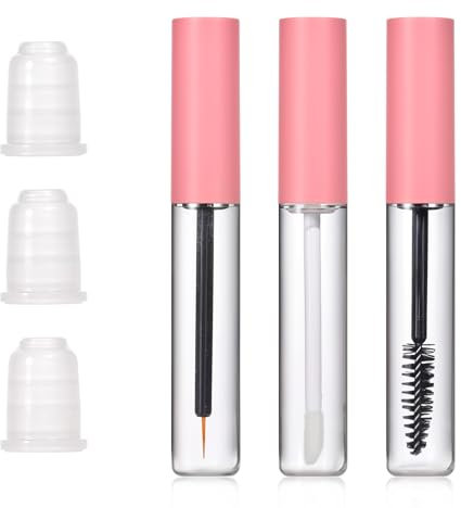 Leere Wimperntusche und -stab, Eyeliner-Tube und leere Lipgloss-Tuben, leere Wimpern-Serum-Röhren mit Leckstopper, rosa Wimperncreme-Behälter, Flasche für DIY-Kosmetik, Zuhause und Reisen, 3 Stück