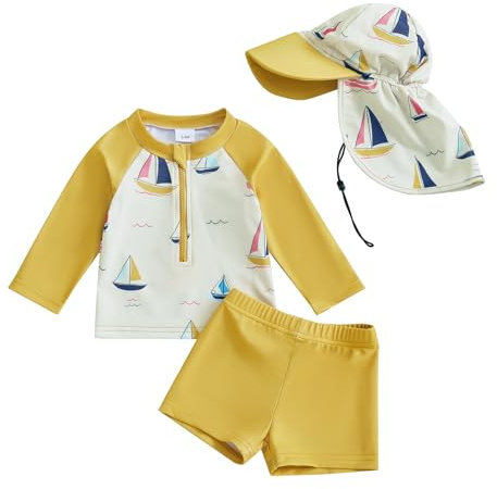 XIXIMAON 1-6 Years Boys Rash Guard Sets Sailboat Print Long Sleeve Zipper Swim Shirt Shorts Hat Set 3pcs Baby Boy Swimsuit Toddler Boy Bathing Suit Beachwear