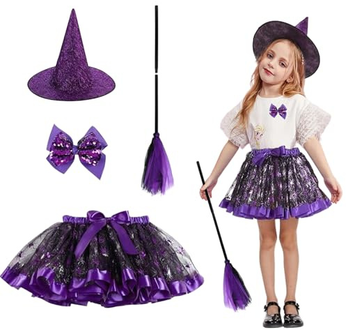MIVORA Disfraz De Bruja De Halloween, 4 piezas, Niña, Tutu, Sombrero, Escoba, Para Fiesta, Carnaval