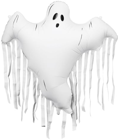 Folienballon Gespenst 93x86cm mit Fransen - Ballon für Helium oder Luft - Luftballon für Gruselparty Kindergeburtstag - Halloween Folienluftballon - Partydeko - Weiß Schwarz