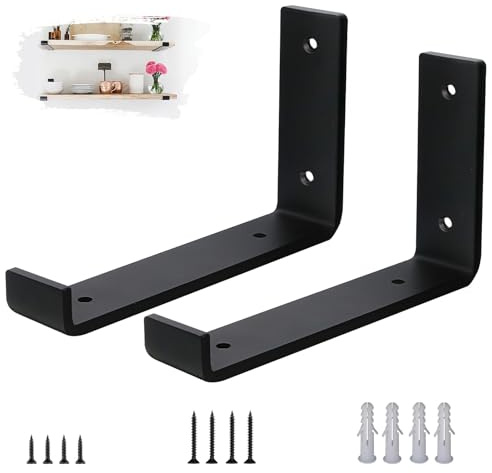 VTOPVMAX Regalhalterungen Schwerlastwinkel 2 Stück - 5 mm Starke Stahl Metall Regalträger mit Lippen, Industrielle Rustikale Schwarz Wand Regal Halterungen Kit 20 cm