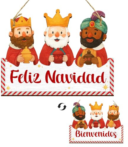 Decoracion Navidad Reyes Magos de Madera para Puerta, Doble Cara con “Feliz Navidad” y “Bienvenidos”, Navidad Decoración Casa, Entrada, Ventana, Balcón