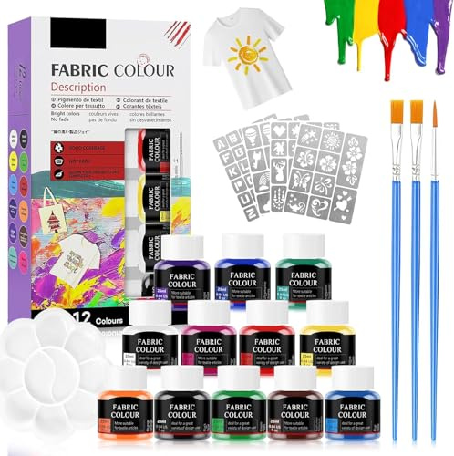 SHOPPGO 12 Colors Fabric Paints, Permanent Fabric Paint, Fabric Paint Set | Includes Stencils for Painting, Brushes, and Color Palette, Vibrant Colors, Strong Adhesion, and Long-lasting Colorfastness