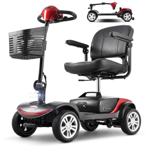 FUNEBIKE Rollstuhl Elektrisch Faltbar für Senioren Elektro Rollstuhl mit 360° Drehsitz 20km Reichweite Intelligenter Bremse Inkl LED Scheinwerfer,Ladegerät Rot