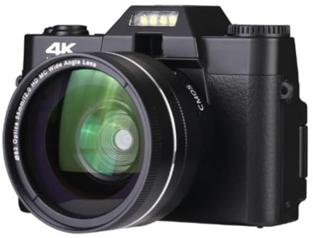 Korons Digital Camera, 4K Vlogging Camera with Autofocus and Macro Function, 3 LCD Screen Compact Portable Photo Camera for Teens & Beginners (Black + Lens,64GB)
