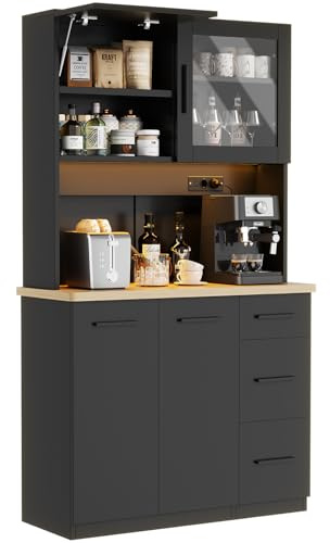 Devoko Armario Alto de Cocina con Luces LED y Enchufe, Mueble de Almacenamiento con 3 Cajones, Vitrina y Compartimentos Abiertos, Estantes Ajustables para Comedor,100x40x182cm (Negro)