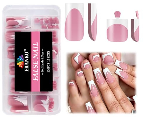 EBANKU 120PCS White French Tip Press on Nails & Toenails Set | Square Medium Fake Nails Pre-Designed French False Toenails Full Cover Stick on Nails for Women Manicure