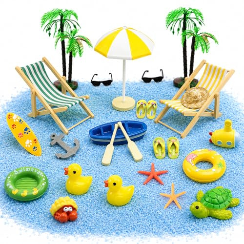 24 Stück Strand Mikrolandschaft Deko Set, DIY Mikro Strandlandschaft mit Strandkorb Sonnenschirm Palme Segelboot U-Boot & Strandzubehör, Miniatur Sommer Dekoration für Puppenhaus Garten Sandkasten