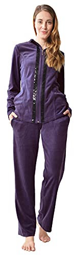 DeSen Damen Deluxe Velours Nicki Freizeitanzug Hausanzug Nicki-Anzug mit Reißverschluss und Pailletten-Leisten（Dunkel Lila,44/46）