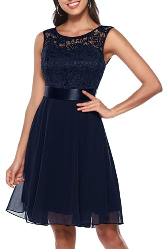 Berylove Femme Robe de Cocktail Courte Top Dentelle Jupe Mousseline Swing pour Bal Mariage BLP7005Navy S