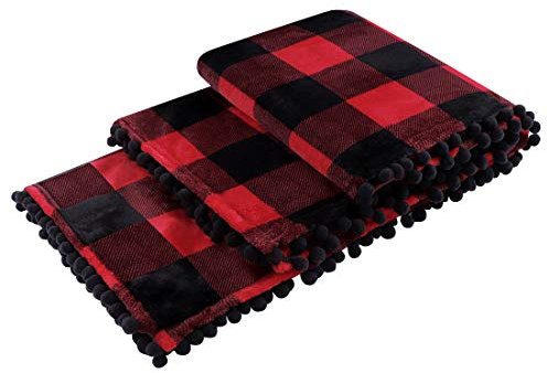 PiccoCasa Karierte Decke Tagesdecke Wohn- & Kuscheldecke 130x150cm Wolldecke Große Decke mit Pompons als Sofadecke/Couchdecke Rot&Schwarz