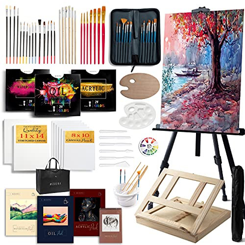 Modera Deluxe-Künstler-Malset, 137-teilig, professionelles Künstler-Set, mit Feld- und Schreibtisch-Staffeleien, 70 Acryl-, Öl- und Aquarellfarben, Pinsel, Skizzenbücher, Tragetasche und mehr