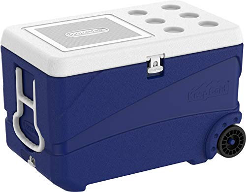 Duramax Deluxe Hochleistungs-Kühlbox 80L mit PU-Isolierung, Kühlbox mit ergonomischen Griffen und Rädern, Becherhalter am Deckel, Blau