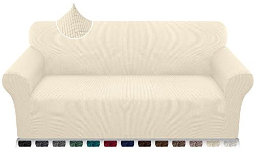 Earnmore Super Stretch Sofabezug 1 Stück Universal Couchbezug für Hunde Katze Elastische Jacquard Sofahusse mit Armlehnen(3 Sitzer,Beige)