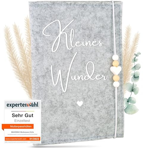 MAHEWA®️ Premium Mutterpasshülle aus Filz für den Deutschen Mutterpass - mit Fach für Ultraschallbilder und Kärtchen - Schutzhülle (Hellgrau, Mutterpasshülle Kleines Wunder)