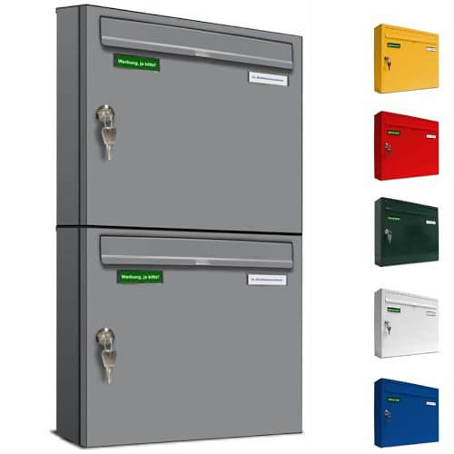 AL Briefkastensysteme Basic 2er Briefkasten RAL 9006 Weiß Aluminium Silber Edelstahl-farbig 2 Fach DIN A4 wetterfest Briefkastenanlage mit Posthaltebügel und 2 Namensschildern