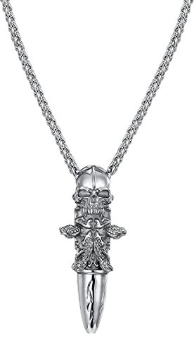 JewelryWe Schmuck Halskette Herren Retro Gotik Totenkopf Schädel Schlange Patronenhülse Gewehrkugel Kugel Edelstahl Anhänger mit Kette Geschenk für Männer Silber