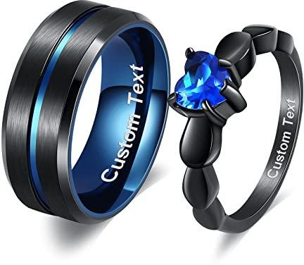 Wycian Trauringe Paarpreis Bicolor, Ring Edelstahl 316L Herren Damenring Herz Verlobungsring Zirkonia Saphir Blau 6mm 8mm Titan Ringe Paar Ehering Schwarz