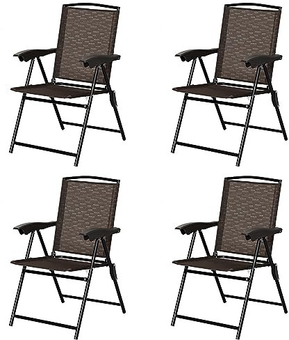 COSTWAY Set di 4 Sedie Pieghevoli da Esterno, con Schienale a Fasce Altezza Regolabile e Braccioli, Ideale per Cortile, Piscina e Giardino, Marrone