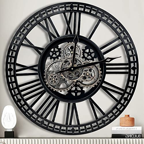 DORBOKER Large Wall Clock Moving Gears Oversized Industrial Steampunk Decorative Retro Roman Numerals Skeleton Silent Wall Clocks for Living Room Kitchen Office (Black Silver 60cm/24inch)
